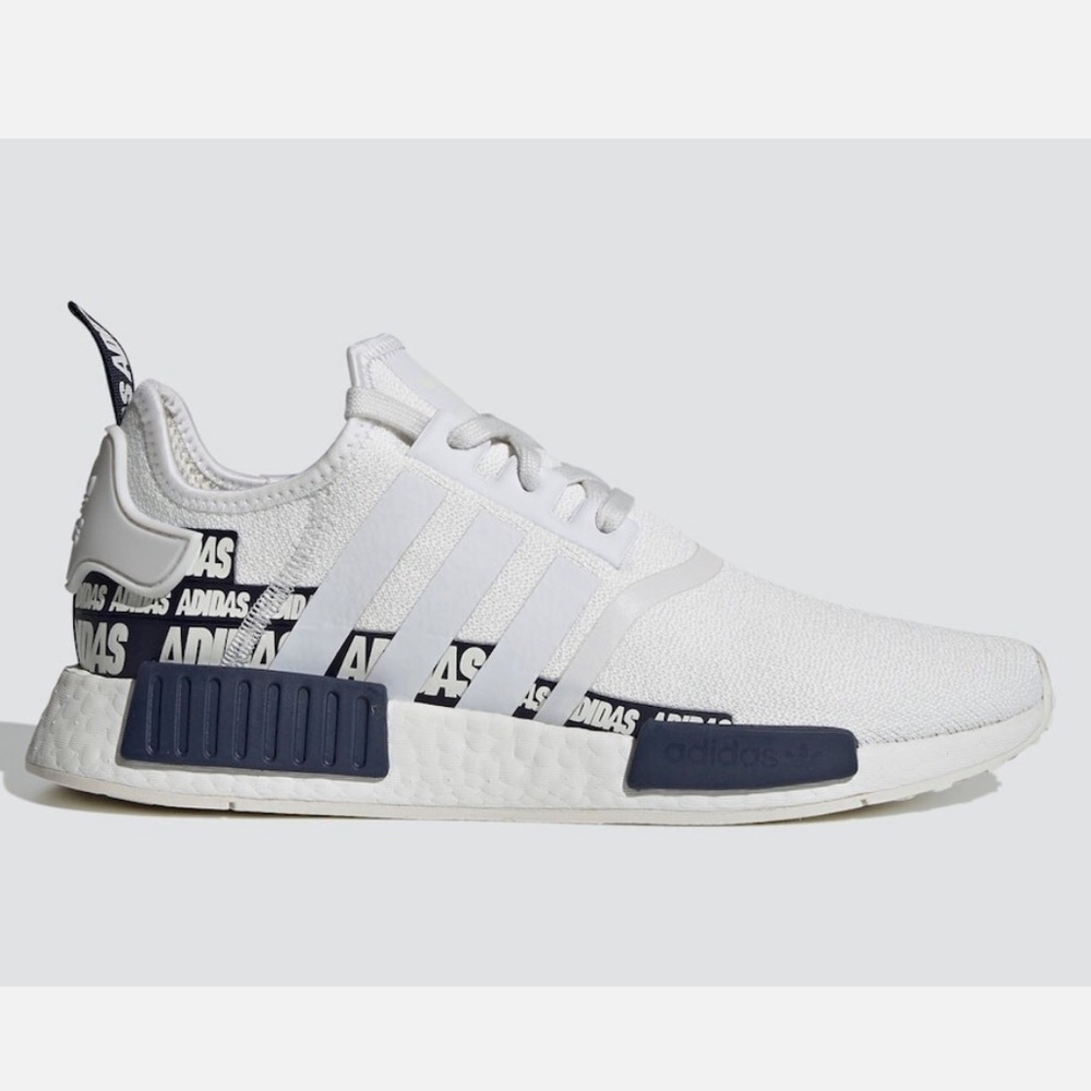 Adidas NMD R1 Woodmark Heel Stripe White/ Navy Blue Mens 8.5/ Women 9.5 Used